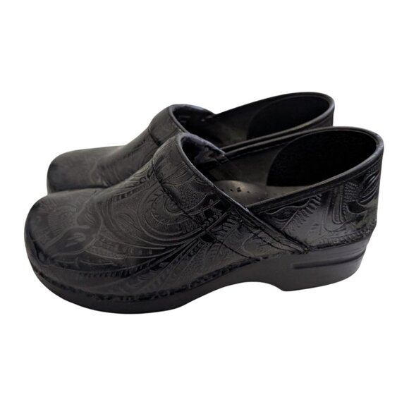 Dansko Womens 10 Clogs Cabrio Tool Black Leather Slip Resistant Nurse Paisley - Picture 1 of 11